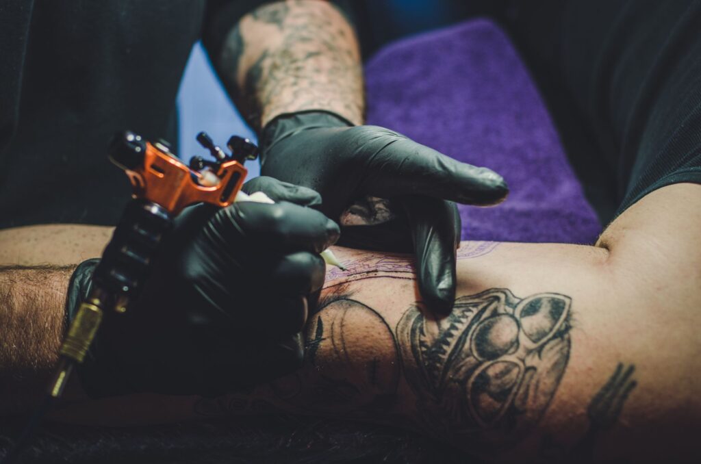 Traditional American-style tattoo with bold lines and classic imagery